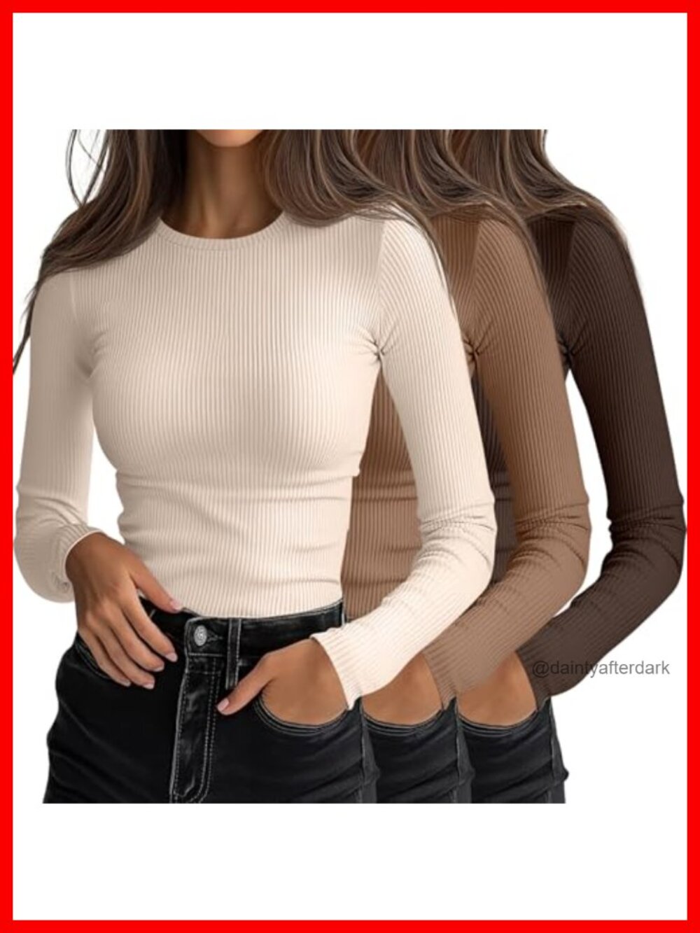 Ribbed Long Sleeve Fitted Tops Slim Fit Crew Neck Stretch Tees 3 Pack